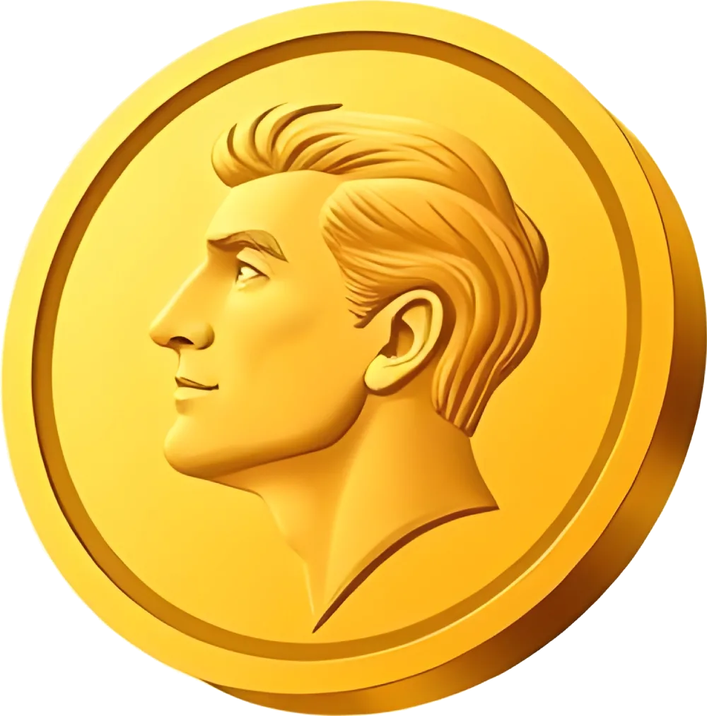 Minimal vector illustration of a floating gold coin with a detailed human face on one side, soft shadows on a clean white background, no text or other symbols.