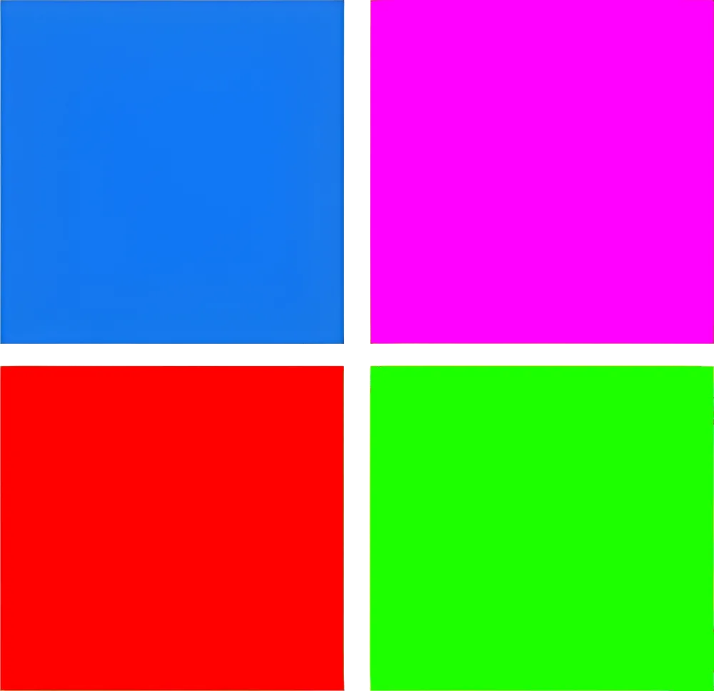 Four main colors — red, blue, purple, and green — in a minimal composition.reflection