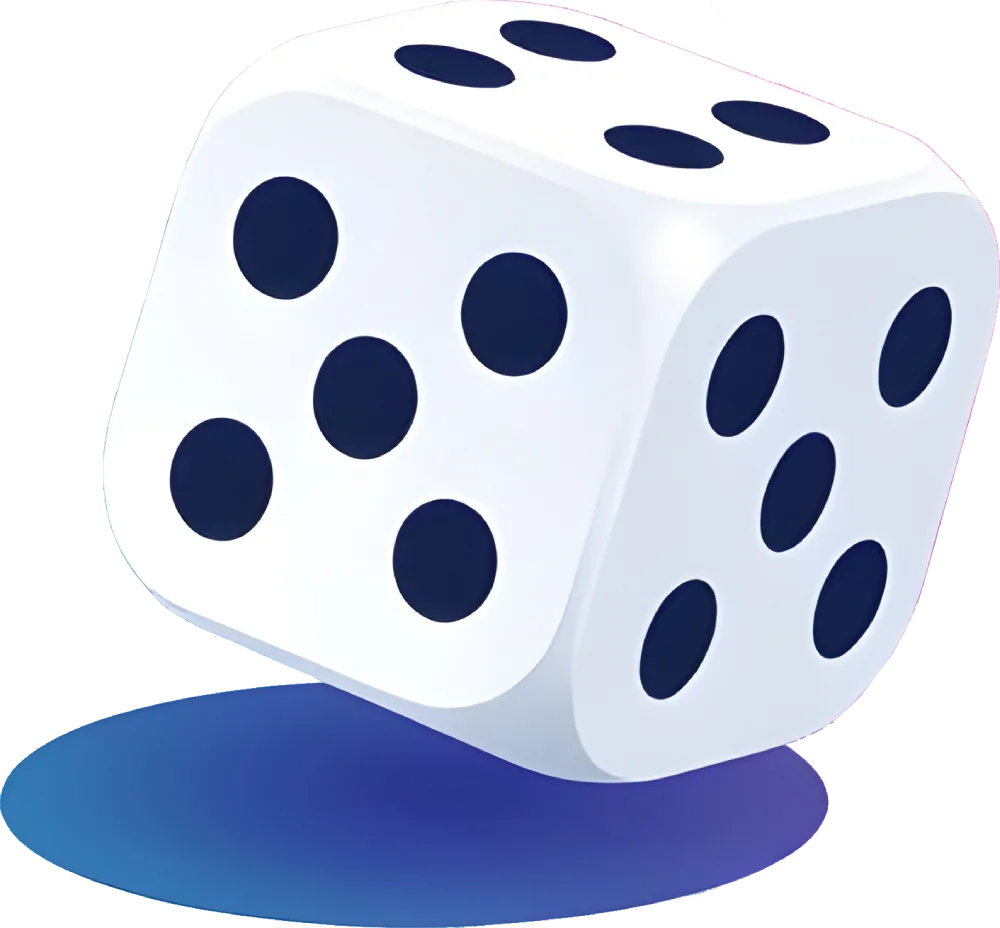 Minimal vector illustration of a white die in motion, with smooth gradients and soft shadows on a clean background.