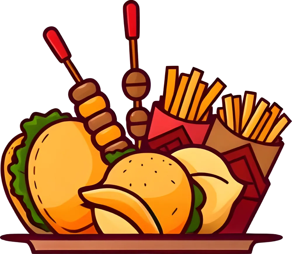 A clean, minimal vector illustration of assorted street foods like tacos, dumplings, skewers, and fries arranged playfully with smooth gradients and soft shadows.