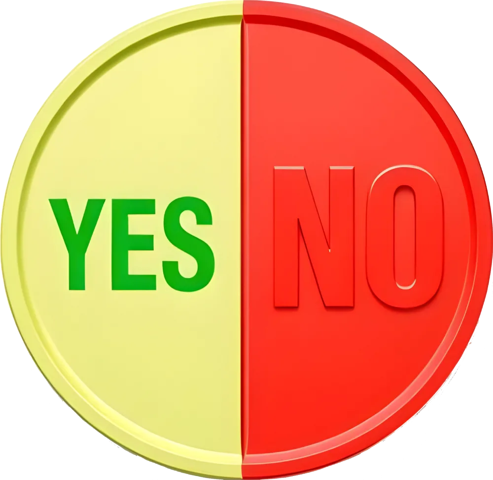 Minimalist “Yes or No” coin showing green and red halves.